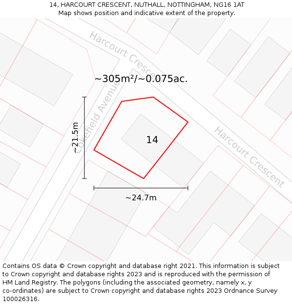 14, HARCOURT CRESCENT, NUTHALL, NOTTINGHAM, NG16 1AT: Plot and title map