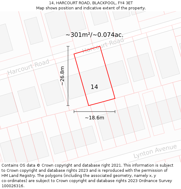 14, HARCOURT ROAD, BLACKPOOL, FY4 3ET: Plot and title map