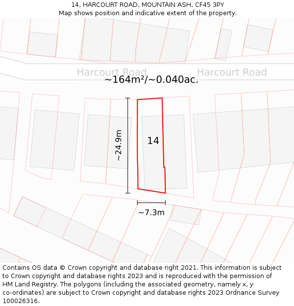 14, HARCOURT ROAD, MOUNTAIN ASH, CF45 3PY: Plot and title map