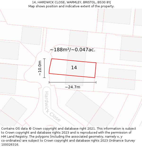 14, HARDWICK CLOSE, WARMLEY, BRISTOL, BS30 8YJ: Plot and title map