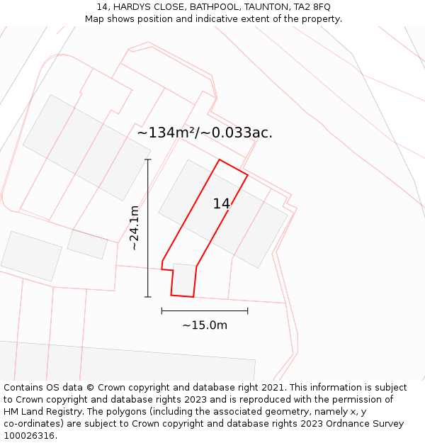 14, HARDYS CLOSE, BATHPOOL, TAUNTON, TA2 8FQ: Plot and title map