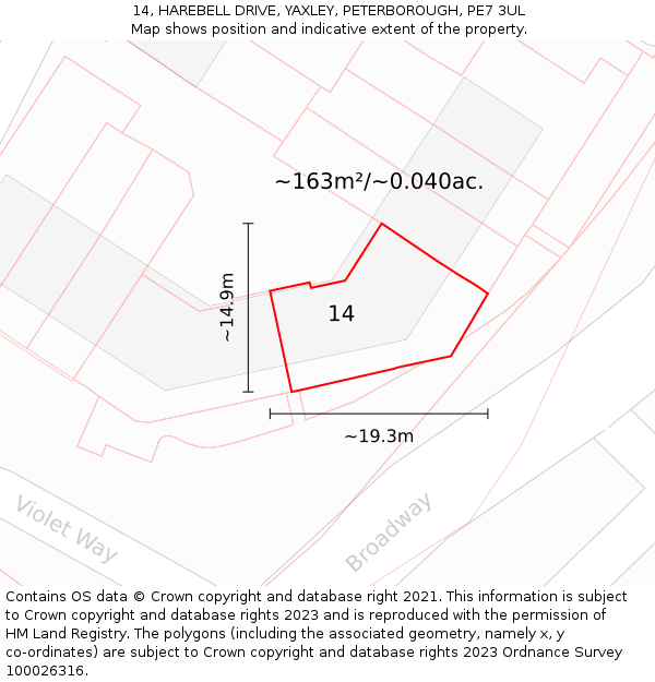 14, HAREBELL DRIVE, YAXLEY, PETERBOROUGH, PE7 3UL: Plot and title map