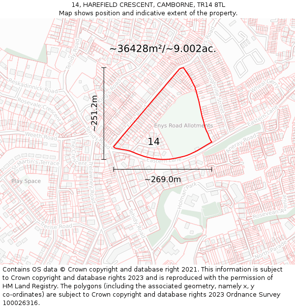 14, HAREFIELD CRESCENT, CAMBORNE, TR14 8TL: Plot and title map
