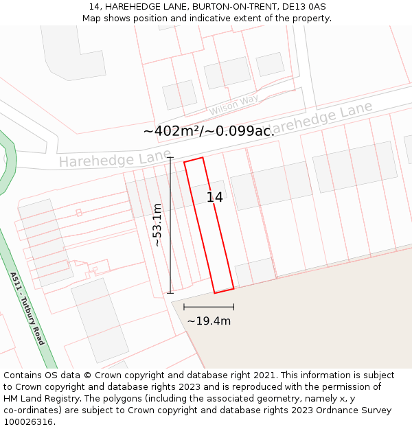 14, HAREHEDGE LANE, BURTON-ON-TRENT, DE13 0AS: Plot and title map