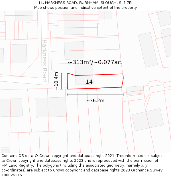 14, HARKNESS ROAD, BURNHAM, SLOUGH, SL1 7BL: Plot and title map