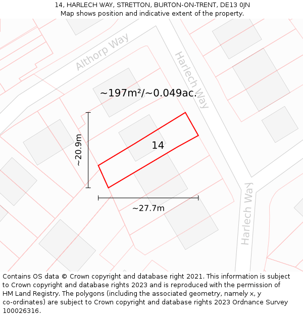 14, HARLECH WAY, STRETTON, BURTON-ON-TRENT, DE13 0JN: Plot and title map
