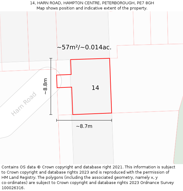 14, HARN ROAD, HAMPTON CENTRE, PETERBOROUGH, PE7 8GH: Plot and title map