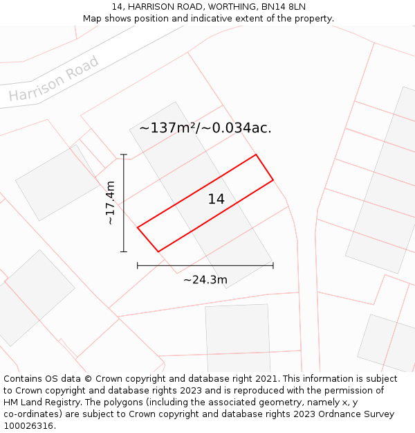 14, HARRISON ROAD, WORTHING, BN14 8LN: Plot and title map