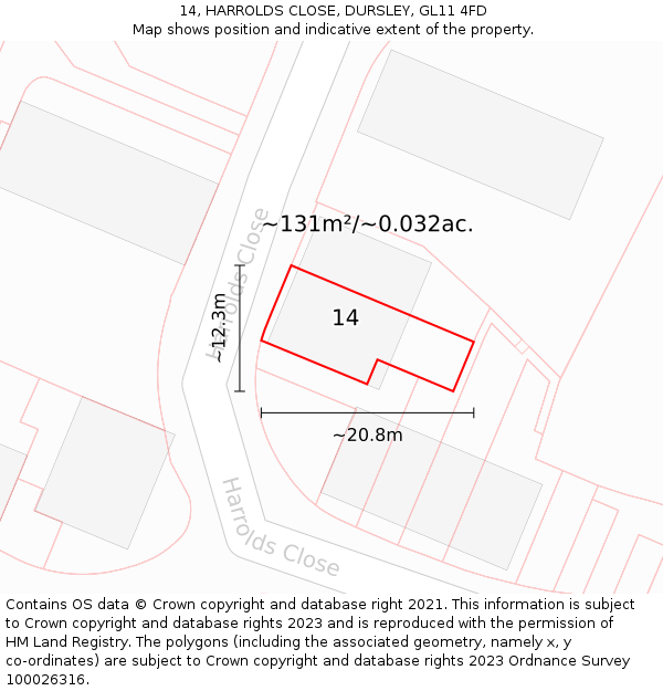 14, HARROLDS CLOSE, DURSLEY, GL11 4FD: Plot and title map