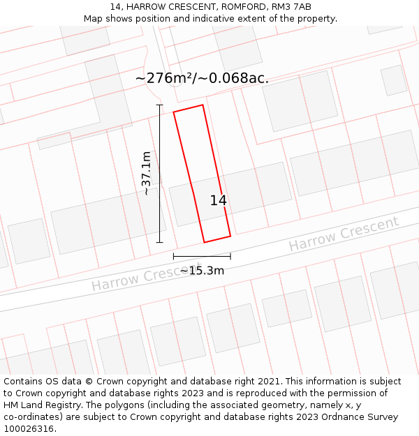 14, HARROW CRESCENT, ROMFORD, RM3 7AB: Plot and title map