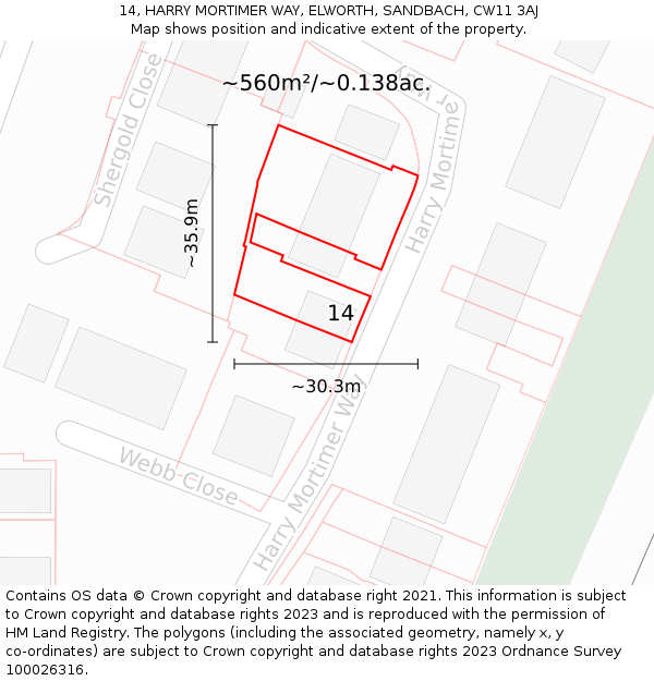14, HARRY MORTIMER WAY, ELWORTH, SANDBACH, CW11 3AJ: Plot and title map