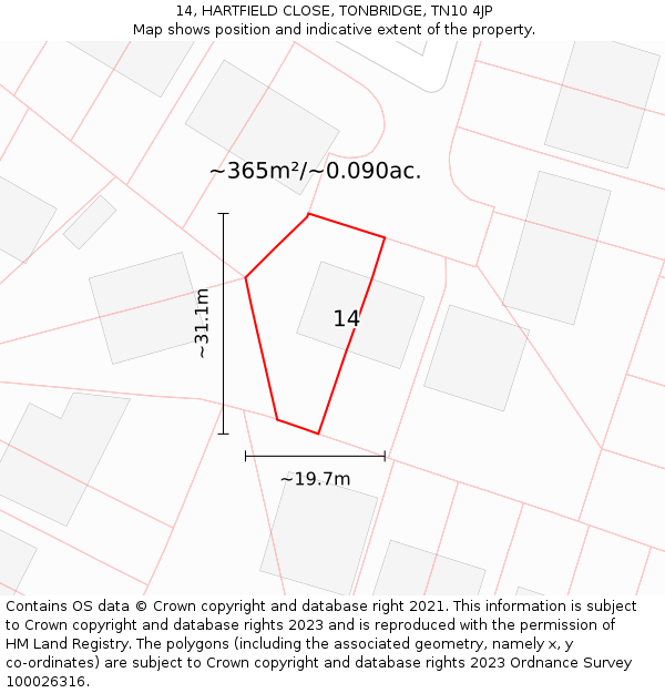 14, HARTFIELD CLOSE, TONBRIDGE, TN10 4JP: Plot and title map