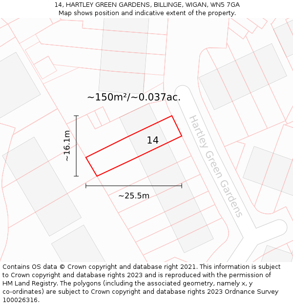 14, HARTLEY GREEN GARDENS, BILLINGE, WIGAN, WN5 7GA: Plot and title map