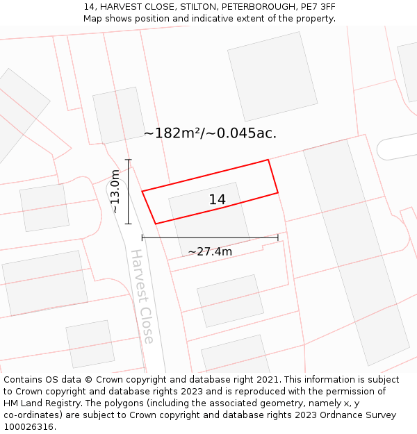 14, HARVEST CLOSE, STILTON, PETERBOROUGH, PE7 3FF: Plot and title map
