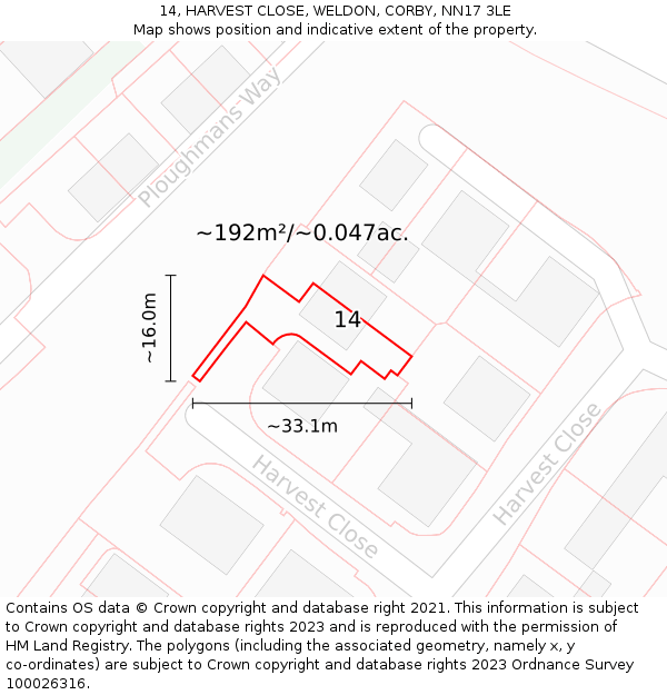 14, HARVEST CLOSE, WELDON, CORBY, NN17 3LE: Plot and title map