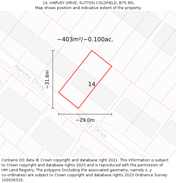 14, HARVEY DRIVE, SUTTON COLDFIELD, B75 6PL: Plot and title map