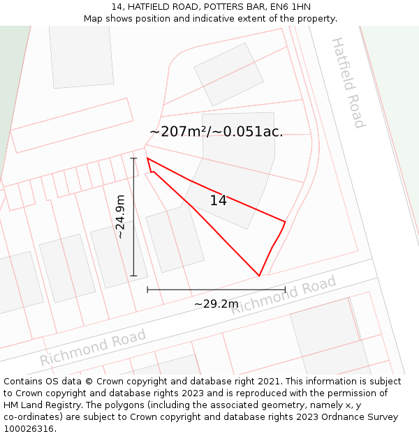 14, HATFIELD ROAD, POTTERS BAR, EN6 1HN: Plot and title map