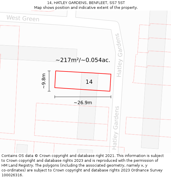 14, HATLEY GARDENS, BENFLEET, SS7 5ST: Plot and title map