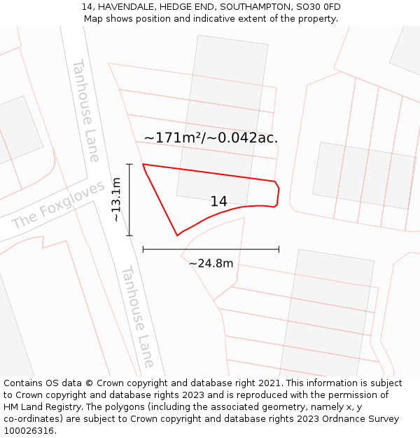 14, HAVENDALE, HEDGE END, SOUTHAMPTON, SO30 0FD: Plot and title map