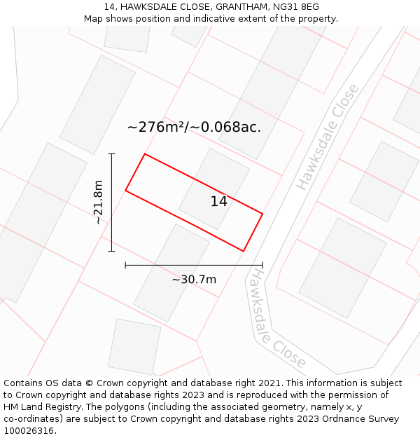 14, HAWKSDALE CLOSE, GRANTHAM, NG31 8EG: Plot and title map