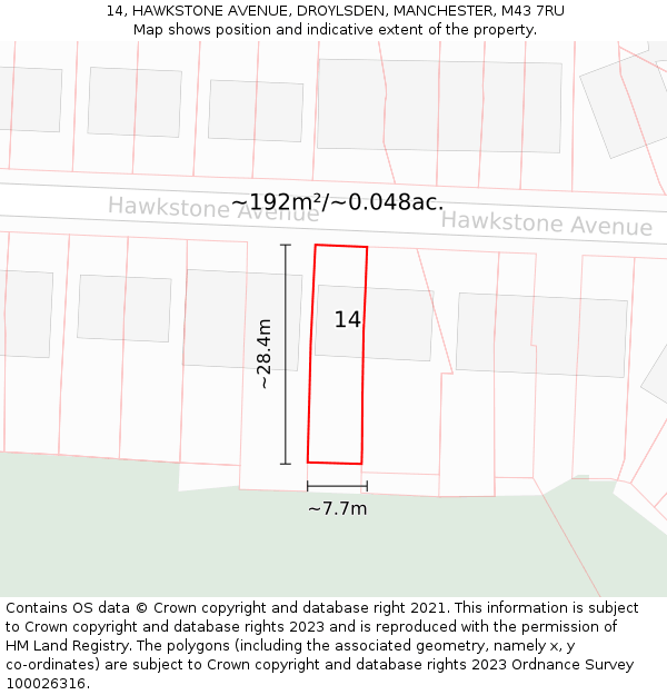 14, HAWKSTONE AVENUE, DROYLSDEN, MANCHESTER, M43 7RU: Plot and title map