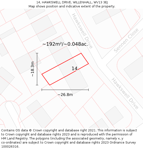 14, HAWKSWELL DRIVE, WILLENHALL, WV13 3EJ: Plot and title map
