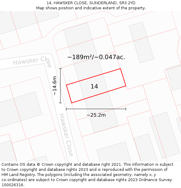 14, HAWSKER CLOSE, SUNDERLAND, SR3 2YD: Plot and title map