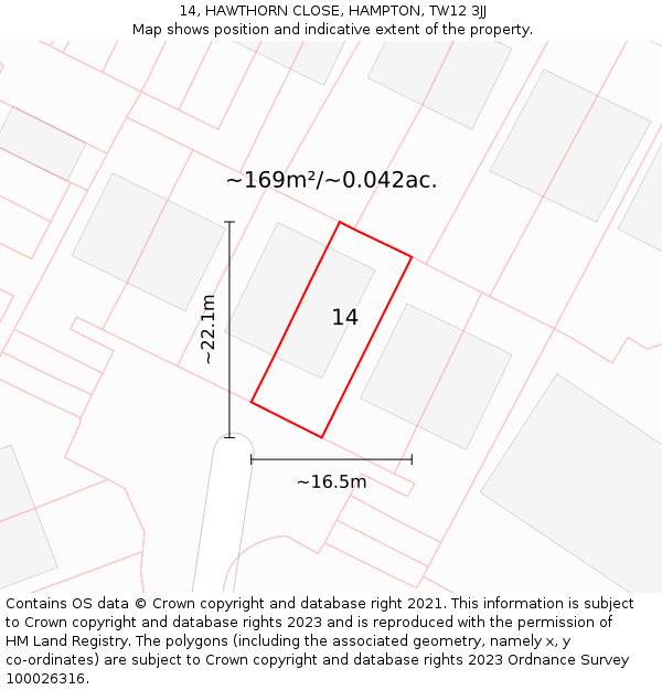 14, HAWTHORN CLOSE, HAMPTON, TW12 3JJ: Plot and title map