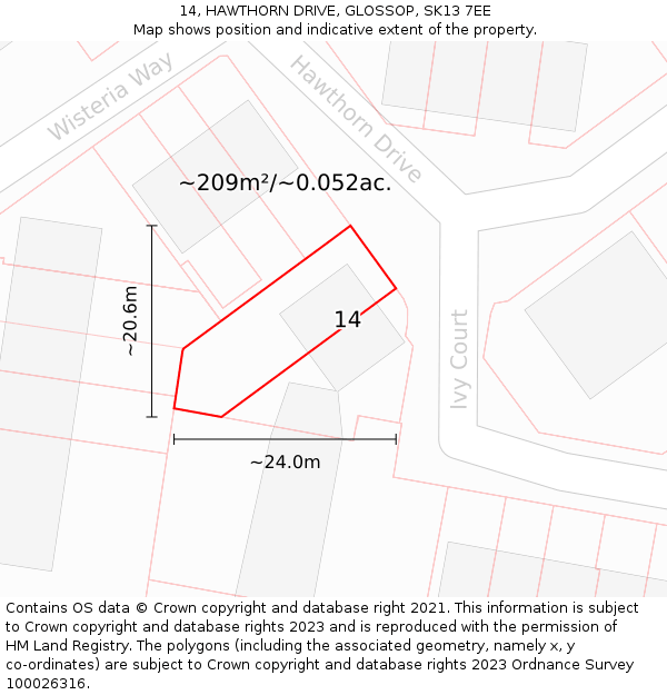 14, HAWTHORN DRIVE, GLOSSOP, SK13 7EE: Plot and title map