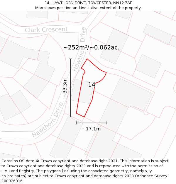 14, HAWTHORN DRIVE, TOWCESTER, NN12 7AE: Plot and title map