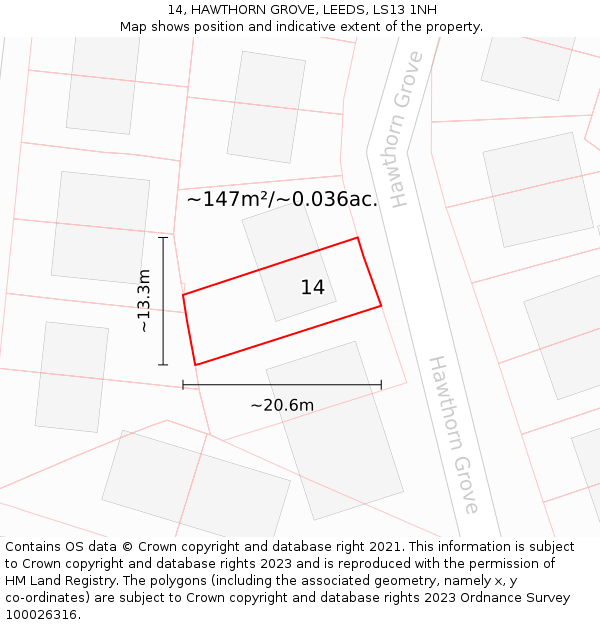 14, HAWTHORN GROVE, LEEDS, LS13 1NH: Plot and title map