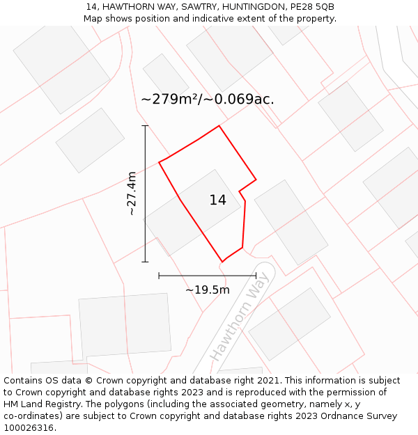 14, HAWTHORN WAY, SAWTRY, HUNTINGDON, PE28 5QB: Plot and title map