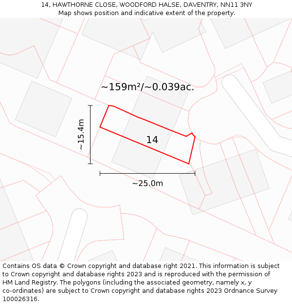 14, HAWTHORNE CLOSE, WOODFORD HALSE, DAVENTRY, NN11 3NY: Plot and title map