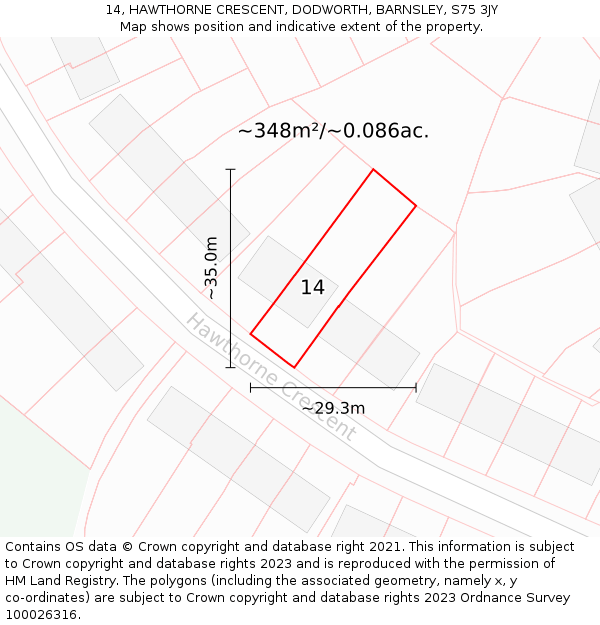 14, HAWTHORNE CRESCENT, DODWORTH, BARNSLEY, S75 3JY: Plot and title map