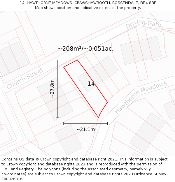 14, HAWTHORNE MEADOWS, CRAWSHAWBOOTH, ROSSENDALE, BB4 8BF: Plot and title map