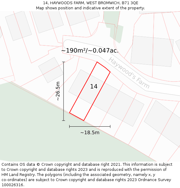 14, HAYWOODS FARM, WEST BROMWICH, B71 3QE: Plot and title map