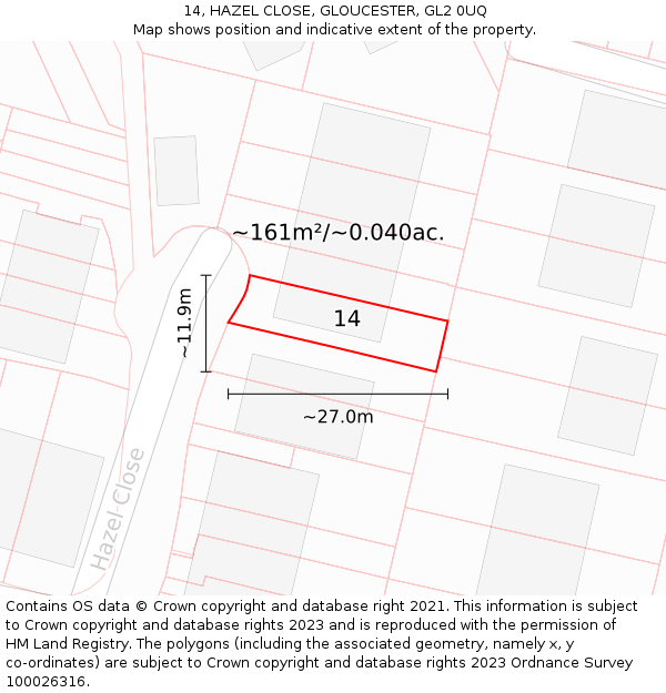 14, HAZEL CLOSE, GLOUCESTER, GL2 0UQ: Plot and title map