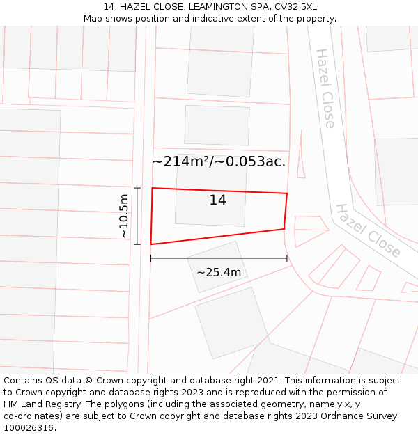 14, HAZEL CLOSE, LEAMINGTON SPA, CV32 5XL: Plot and title map