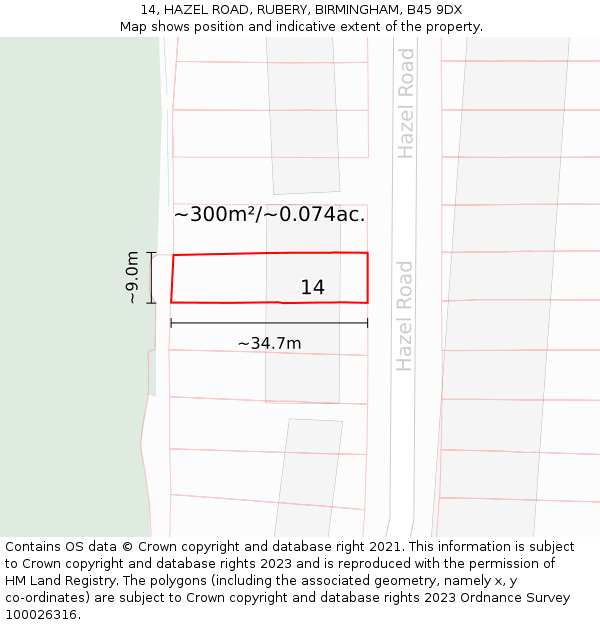 14, HAZEL ROAD, RUBERY, BIRMINGHAM, B45 9DX: Plot and title map