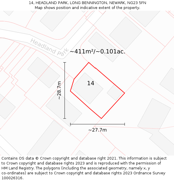 14, HEADLAND PARK, LONG BENNINGTON, NEWARK, NG23 5FN: Plot and title map