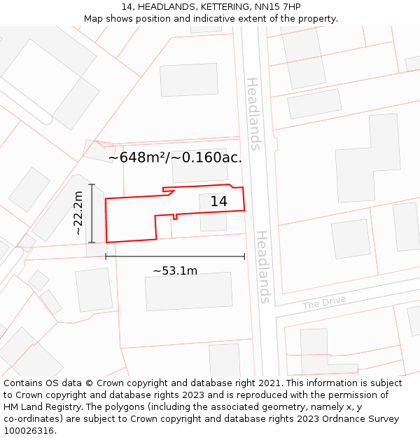 14, HEADLANDS, KETTERING, NN15 7HP: Plot and title map