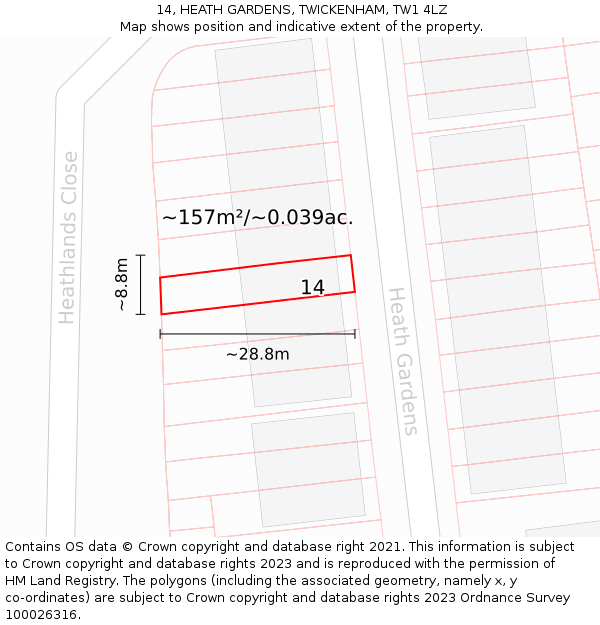 14, HEATH GARDENS, TWICKENHAM, TW1 4LZ: Plot and title map