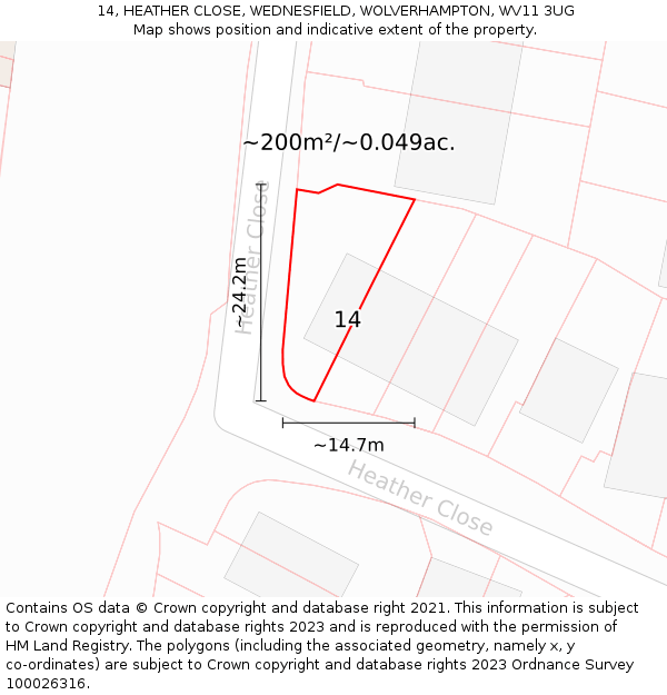 14, HEATHER CLOSE, WEDNESFIELD, WOLVERHAMPTON, WV11 3UG: Plot and title map