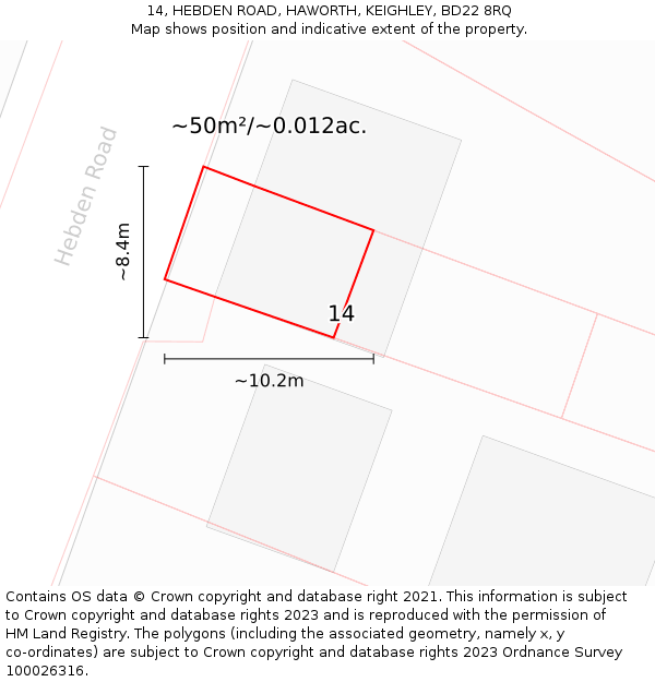 14, HEBDEN ROAD, HAWORTH, KEIGHLEY, BD22 8RQ: Plot and title map