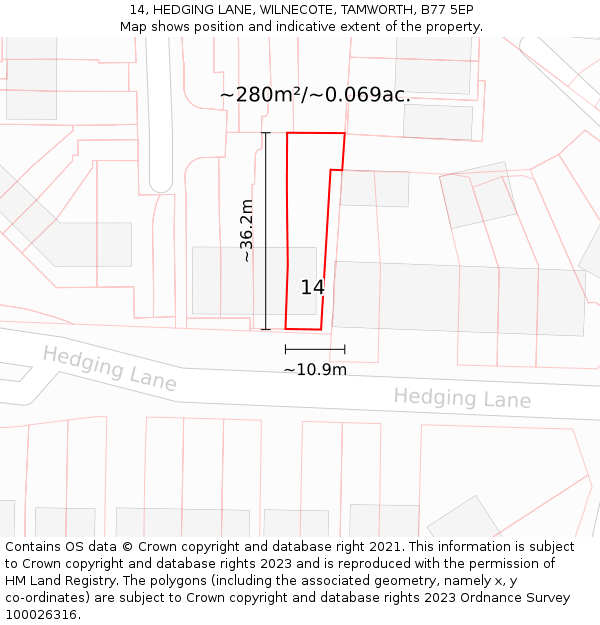 14, HEDGING LANE, WILNECOTE, TAMWORTH, B77 5EP: Plot and title map