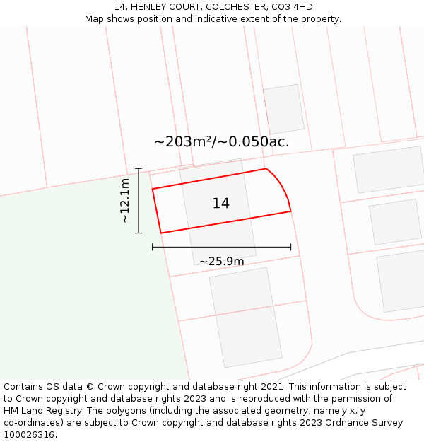 14, HENLEY COURT, COLCHESTER, CO3 4HD: Plot and title map