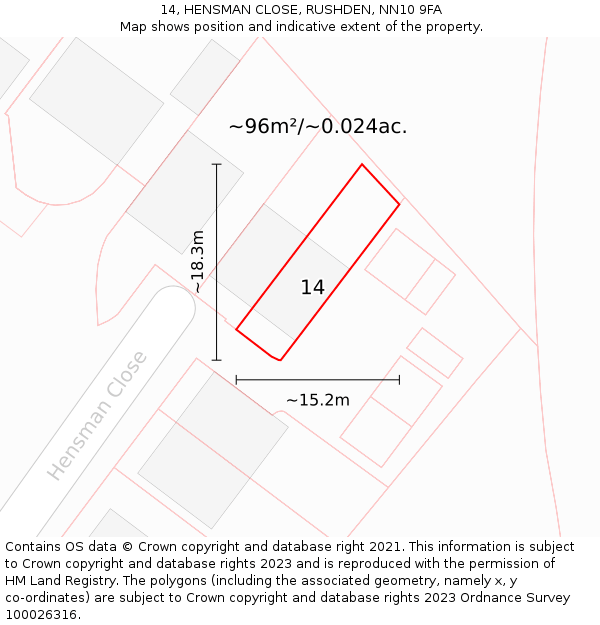 14, HENSMAN CLOSE, RUSHDEN, NN10 9FA: Plot and title map