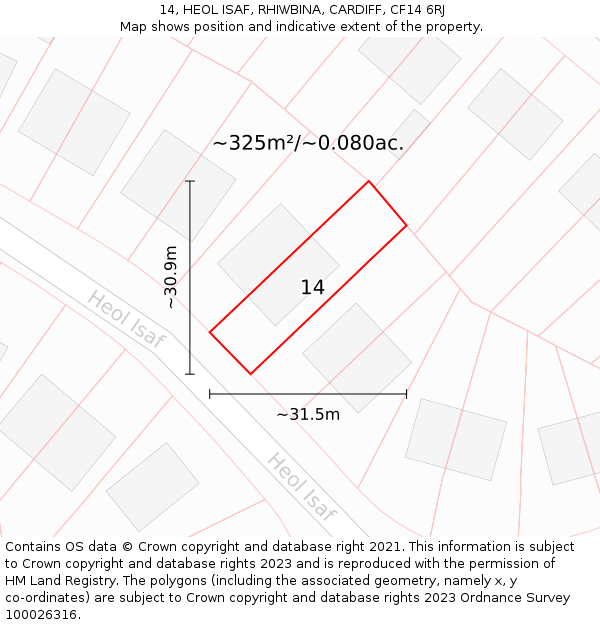 14, HEOL ISAF, RHIWBINA, CARDIFF, CF14 6RJ: Plot and title map