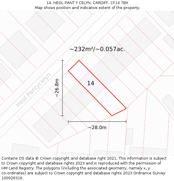 14, HEOL PANT Y CELYN, CARDIFF, CF14 7BX: Plot and title map