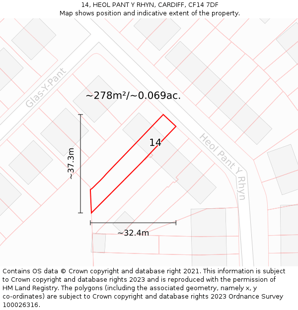 14, HEOL PANT Y RHYN, CARDIFF, CF14 7DF: Plot and title map